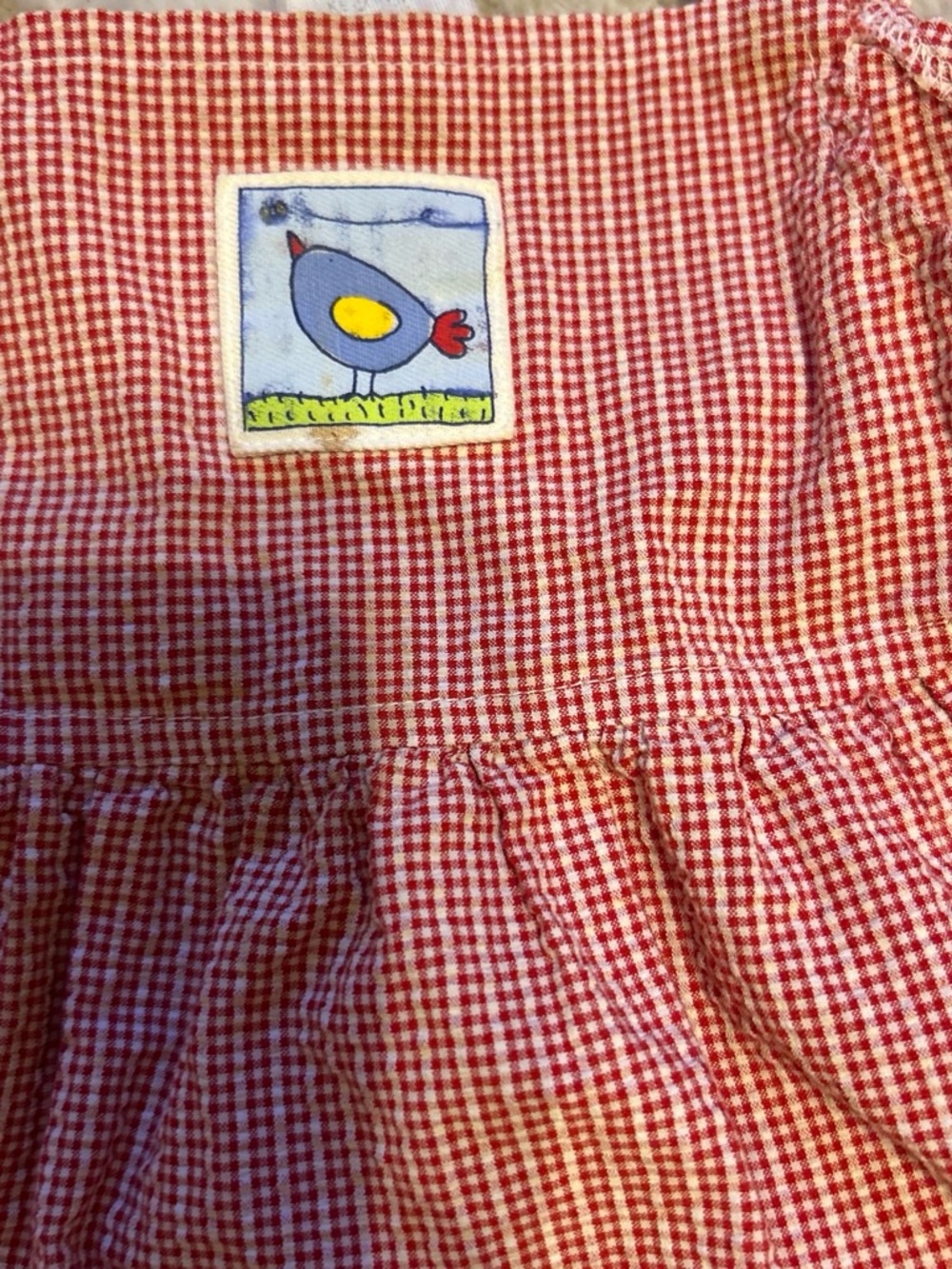 Vintage Red and White Gingham Girls Dress with Bird Patch